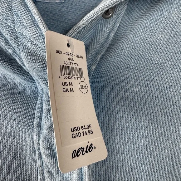 Aerie Oh Snap Sweatshirt Sweater Pullover Knit Top Henley Cloud Wash Blue Fleece - Picture 7 of 8